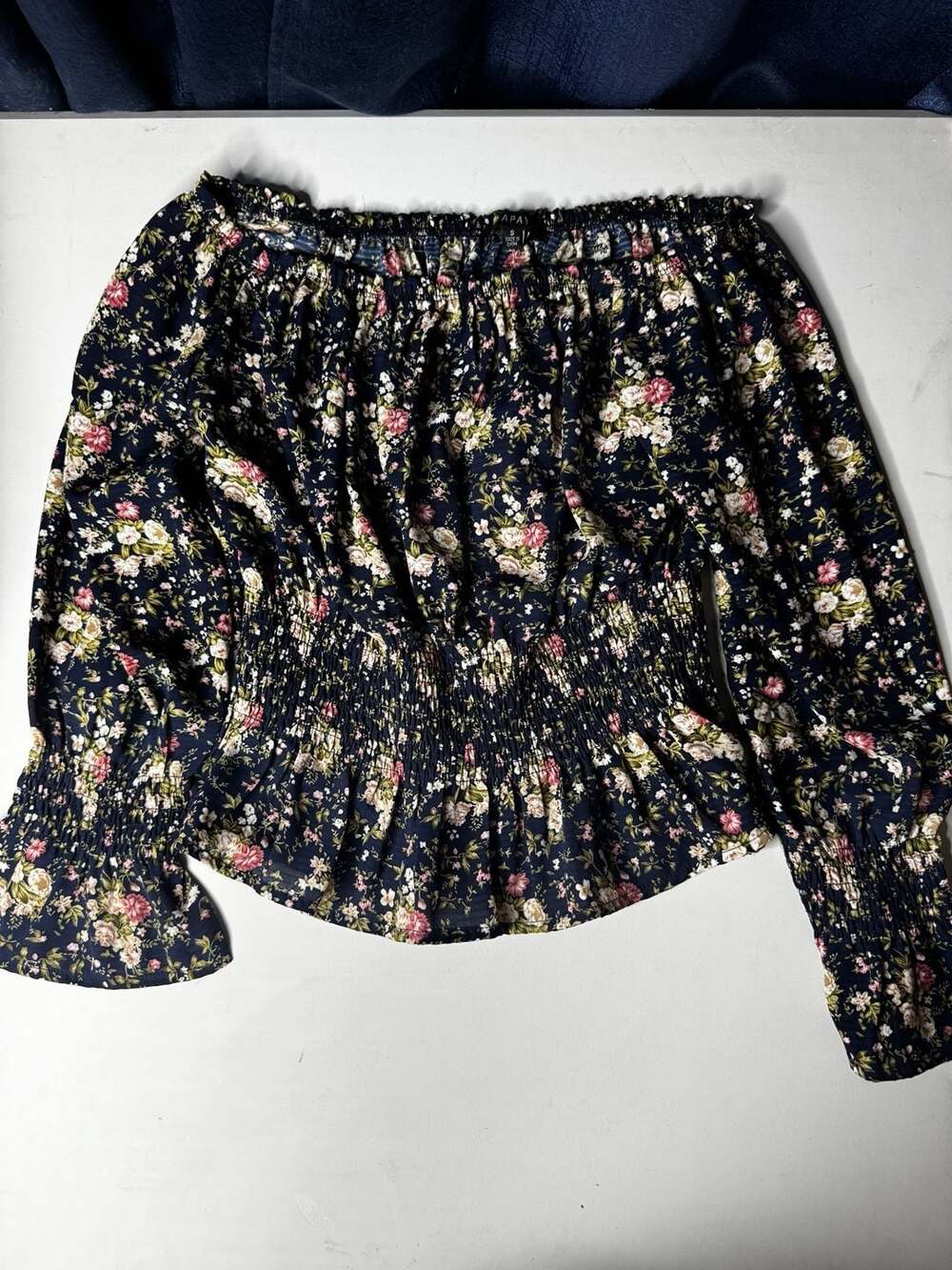 Papaya Black Floral Off-The-Shoulder Smocked Long Sleeve Blouse